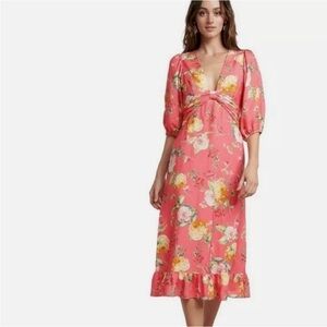 Ever new linen coral Midi Dress with Ruffle Hem us2 xs